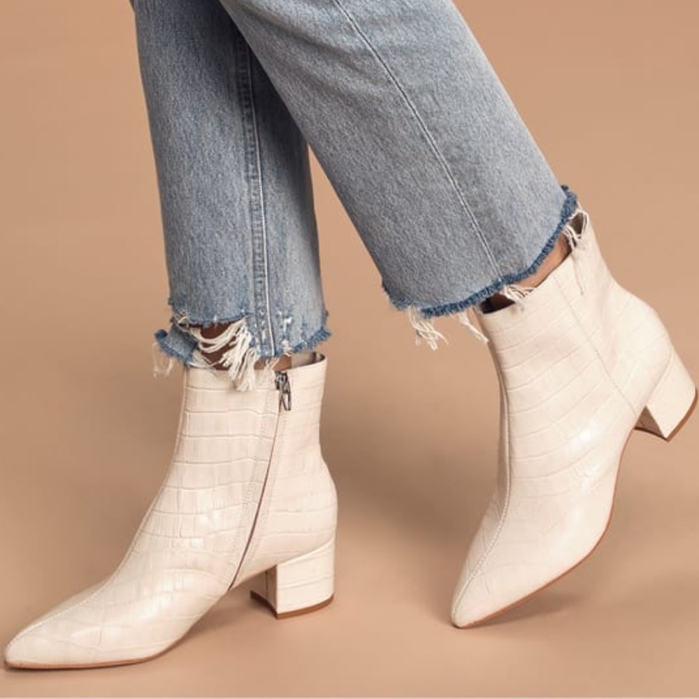 Dolce Vita Bel Ivory Crocodile Print Leather Ankle Booties